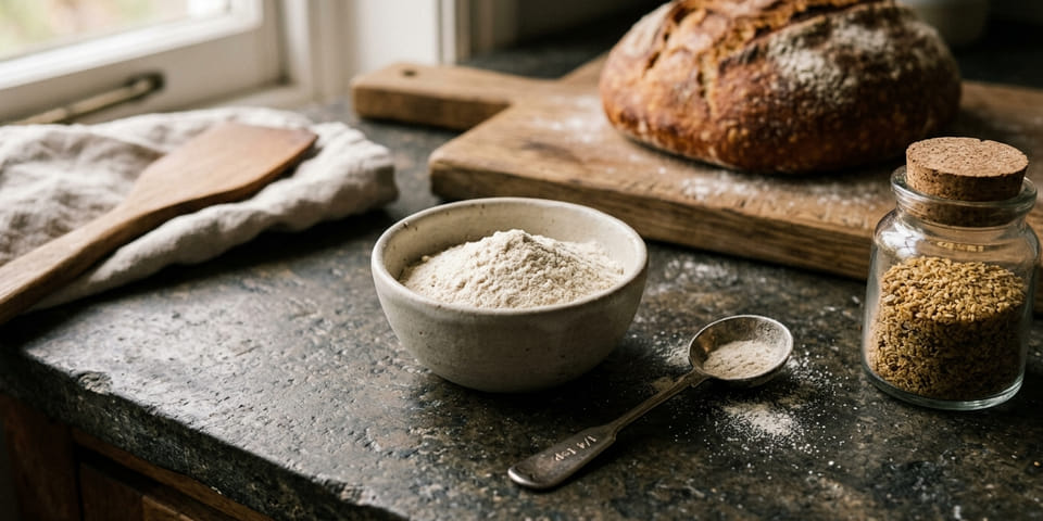 Bowl of binder powder and a measuring spoon beside a baked loaf — testing xanthan gum substitutes